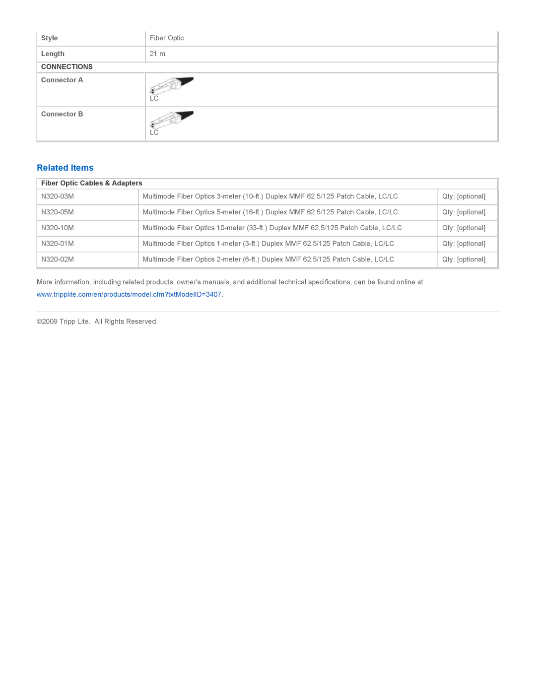 Tripp Lite N320-21M specifications Related Items, Fiber Optic Cables & Adapters 