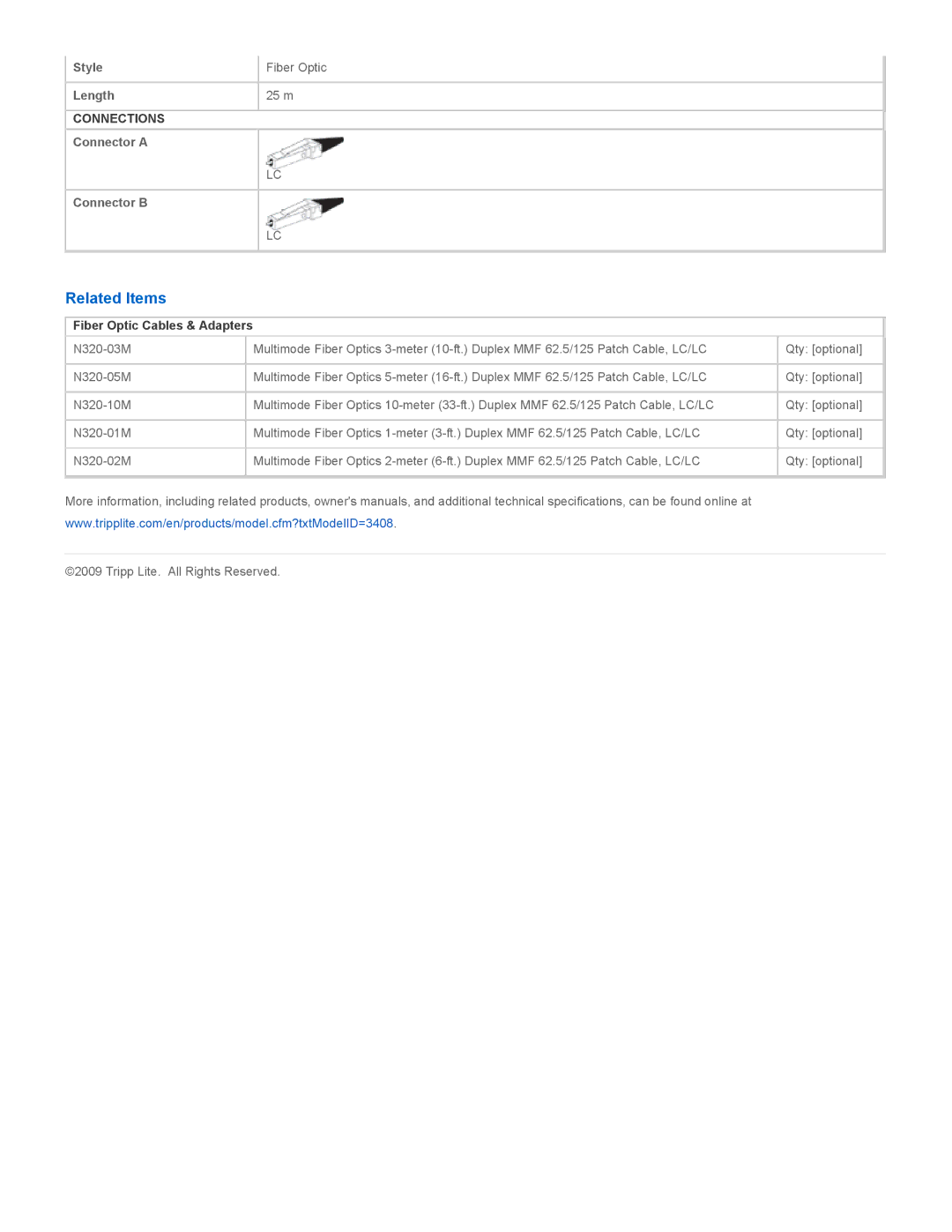 Tripp Lite N320-25M specifications Related Items, Fiber Optic Cables & Adapters 