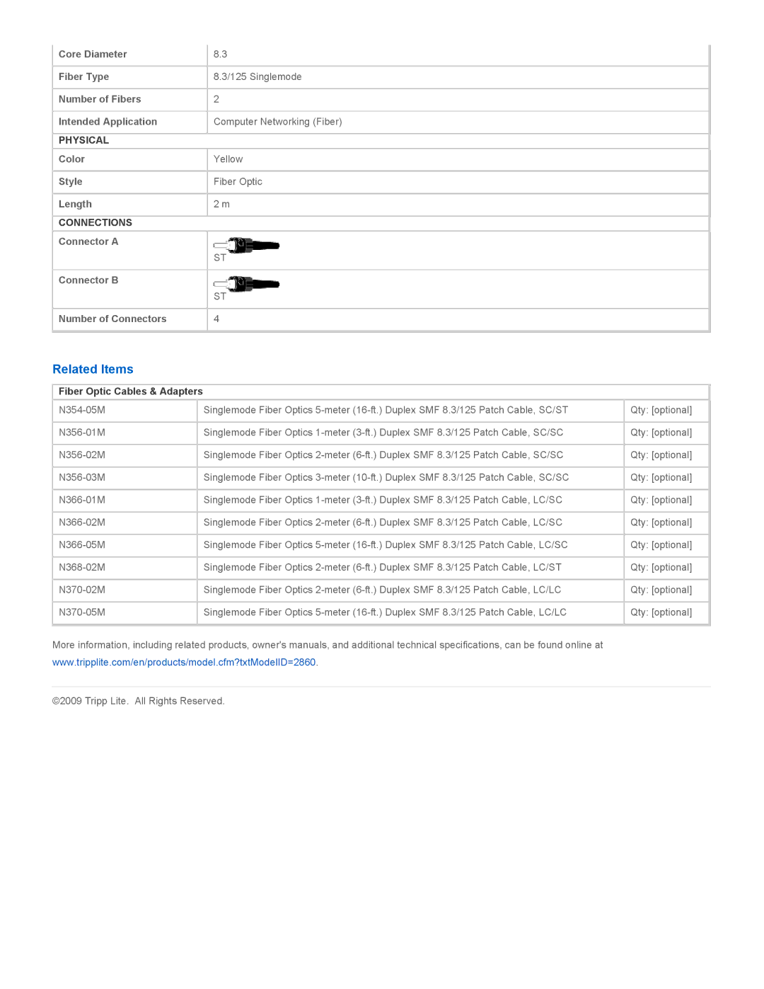 Tripp Lite N352-02M specifications Related Items, Fiber Optic Cables & Adapters 