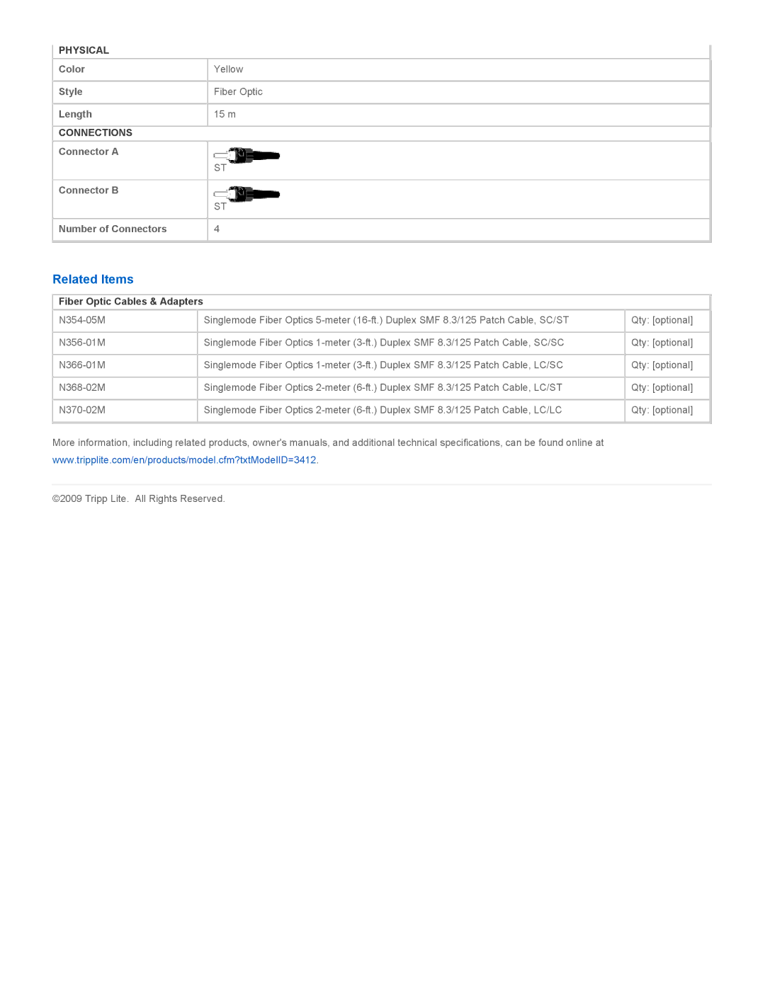 Tripp Lite N352-15M specifications Related Items, Fiber Optic Cables & Adapters 