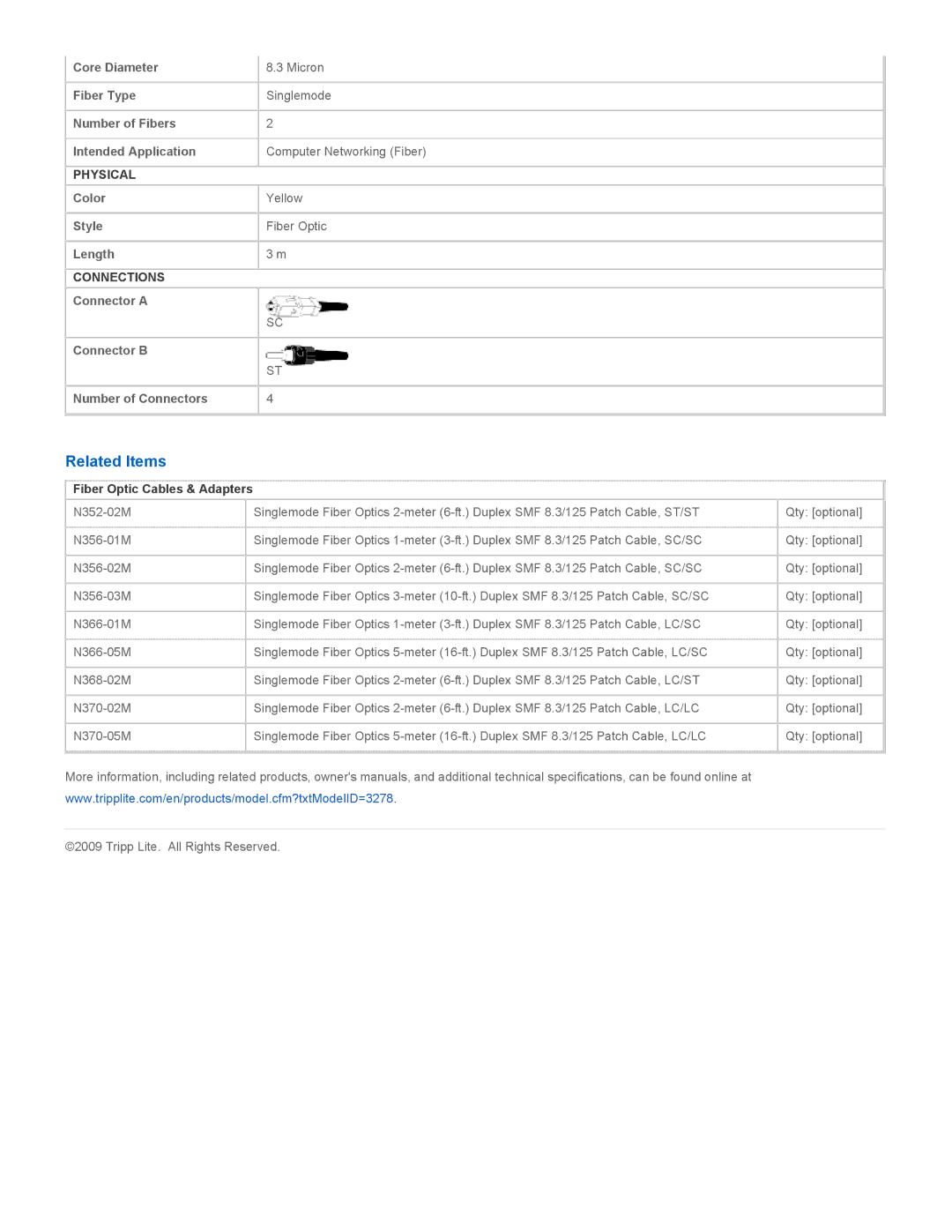 Tripp Lite N354-03M specifications Related Items, Fiber Optic Cables & Adapters 