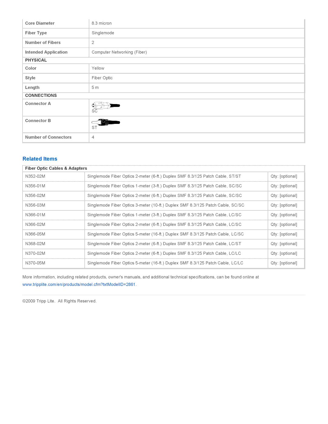 Tripp Lite N354-05M specifications Related Items, Fiber Optic Cables & Adapters 