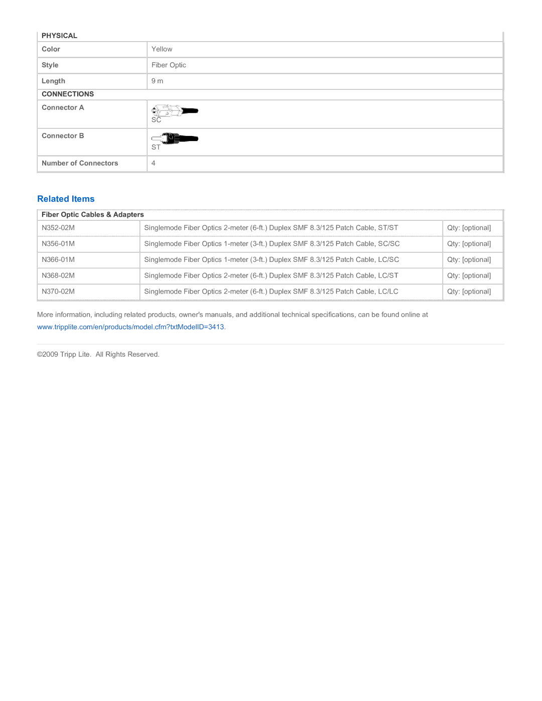 Tripp Lite N354-09M specifications Related Items, Fiber Optic Cables & Adapters 