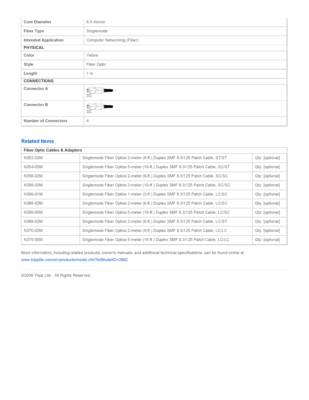 Tripp Lite N356-01M specifications Related Items, Physical, Connections, Fiber Optic Cables & Adapters 