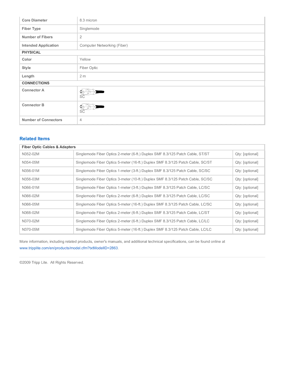 Tripp Lite N356-02M specifications Related Items, Fiber Optic Cables & Adapters 