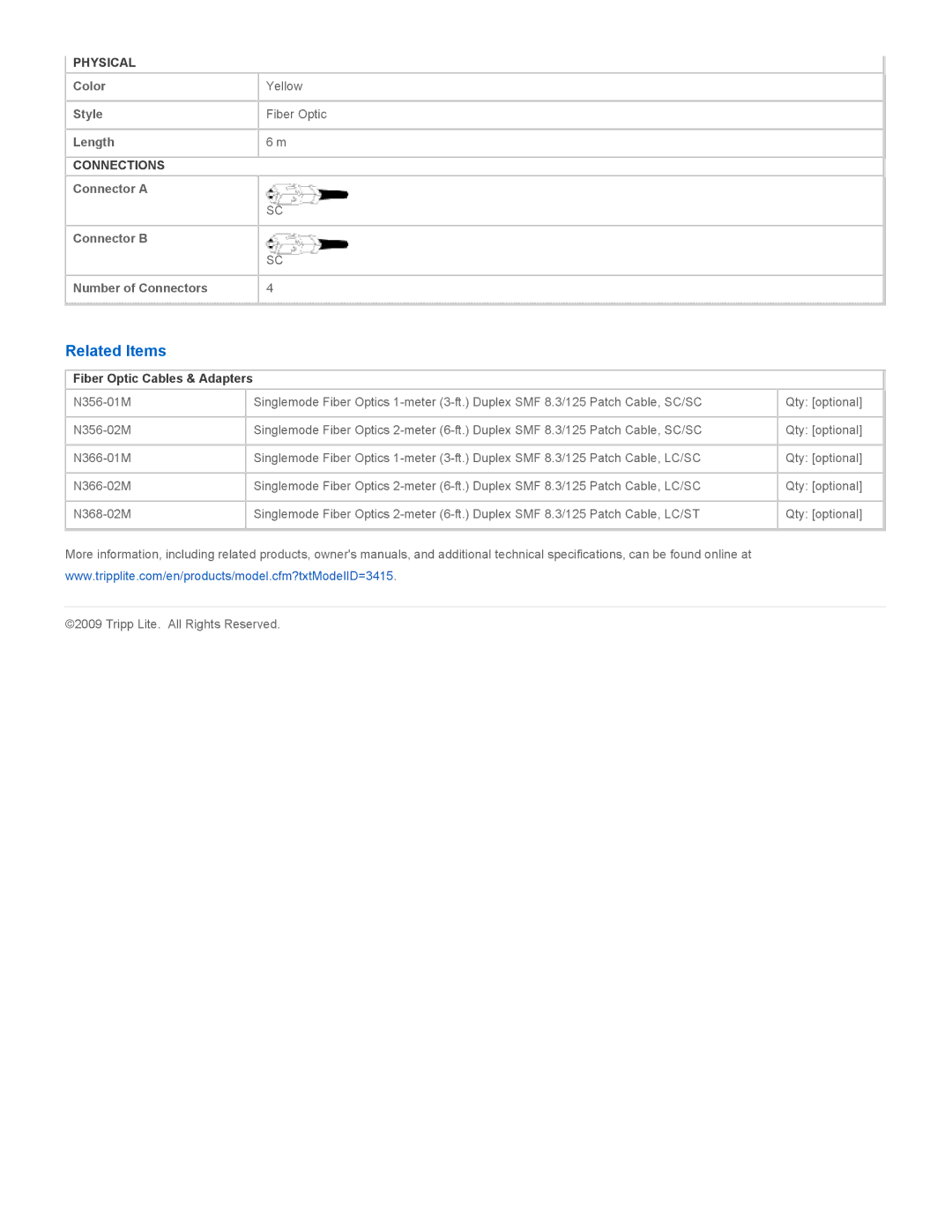 Tripp Lite N356-06M specifications Related Items, Fiber Optic Cables & Adapters 