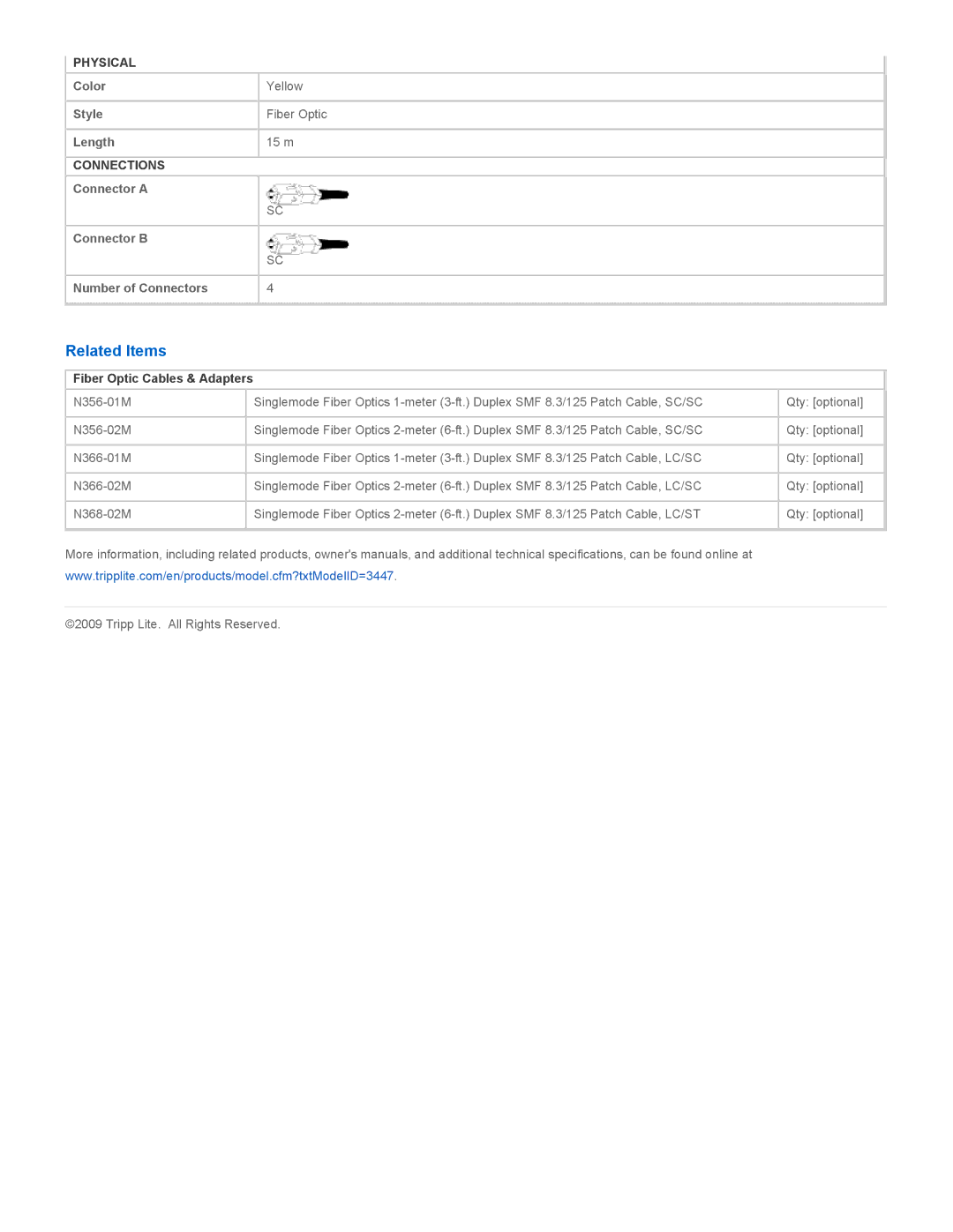 Tripp Lite N356-15M specifications Related Items, Fiber Optic Cables & Adapters 