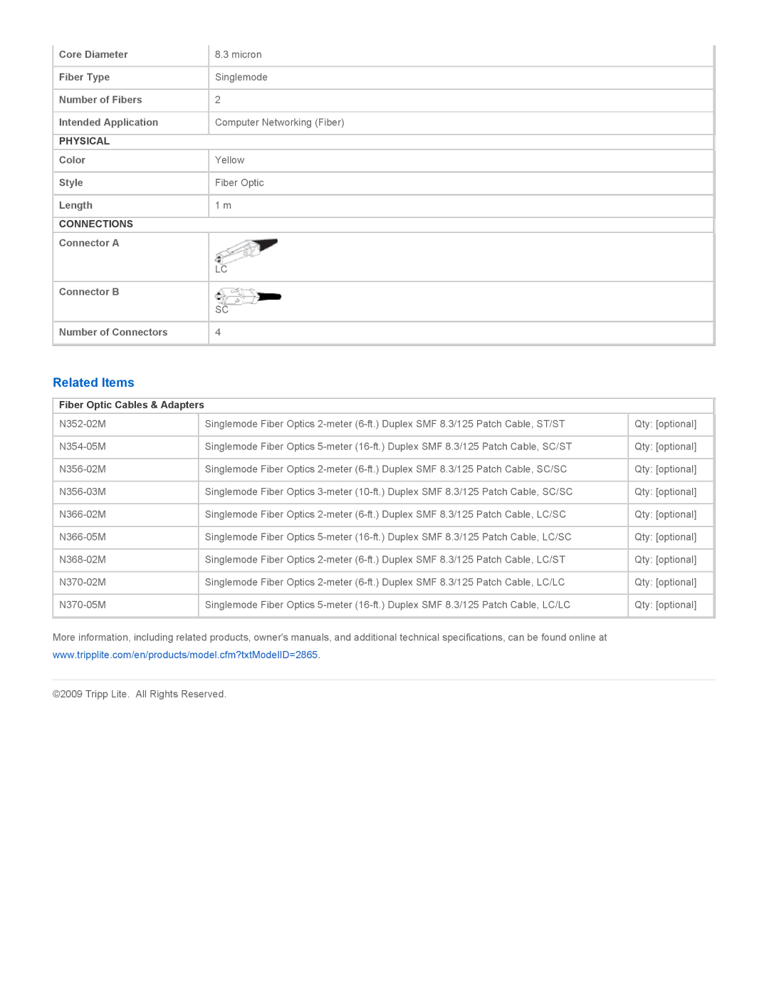 Tripp Lite N366-01M specifications Related Items, Fiber Optic Cables & Adapters 