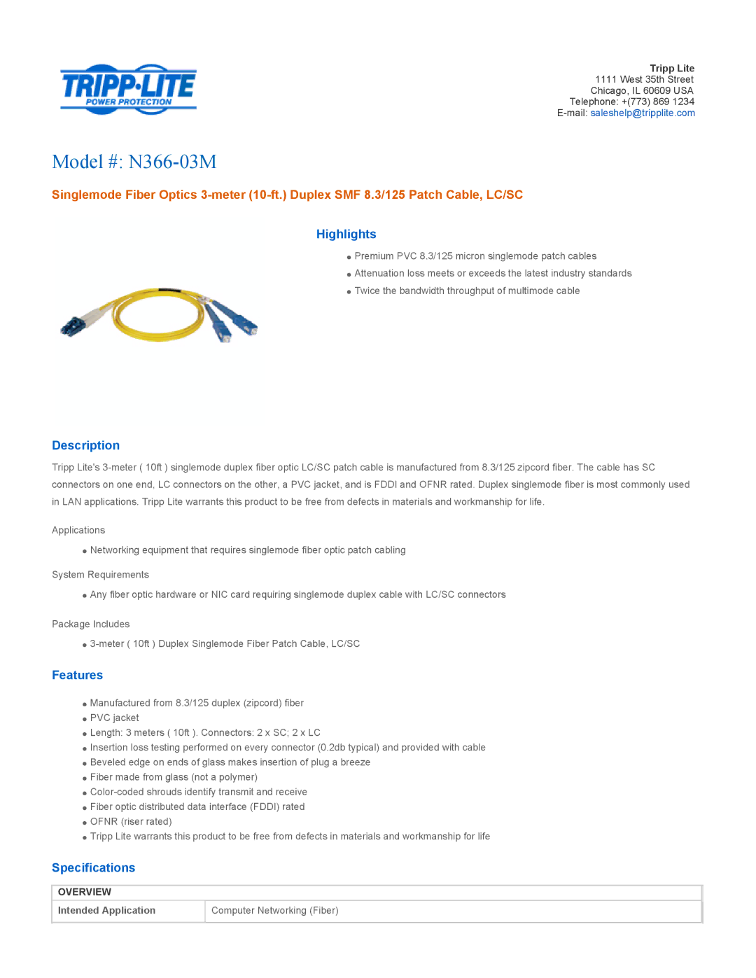 Tripp Lite specifications Model # N366-03M, Highlights, Description, Features, Specifications 