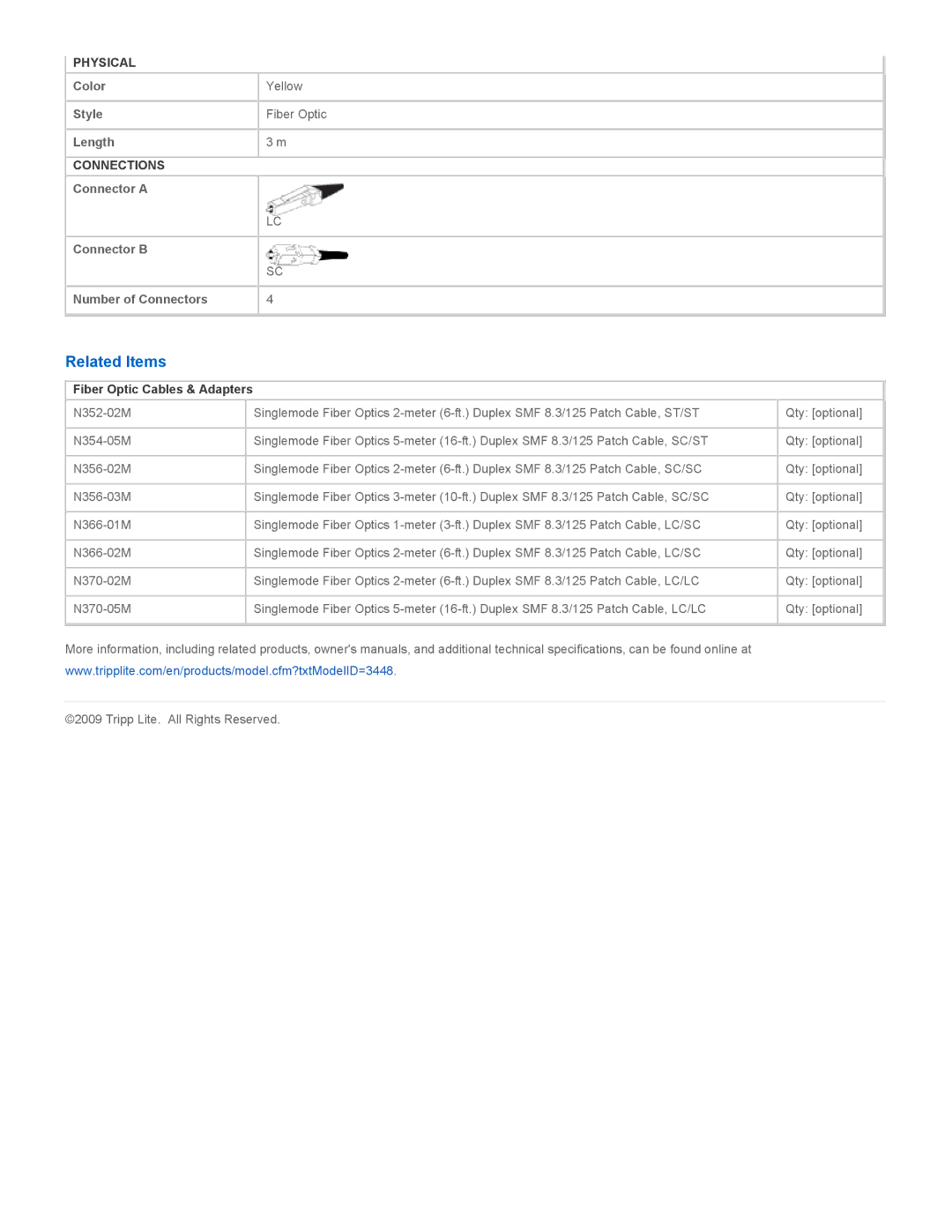 Tripp Lite N366-03M specifications Related Items, Fiber Optic Cables & Adapters 