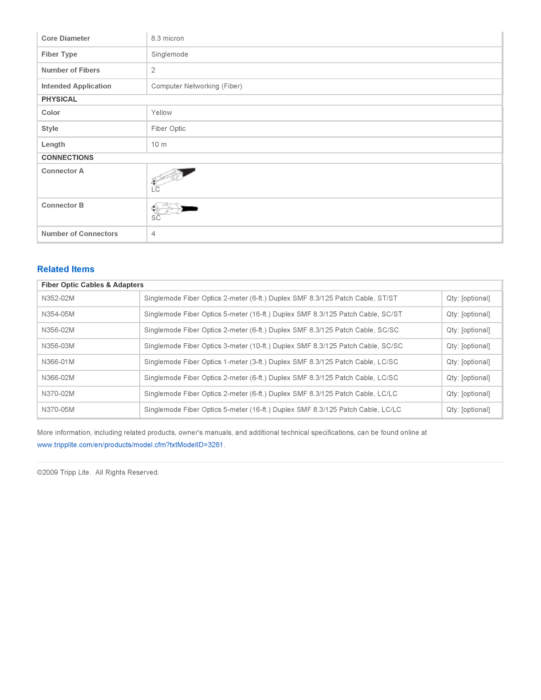 Tripp Lite N366-10M specifications Related Items, Fiber Optic Cables & Adapters 