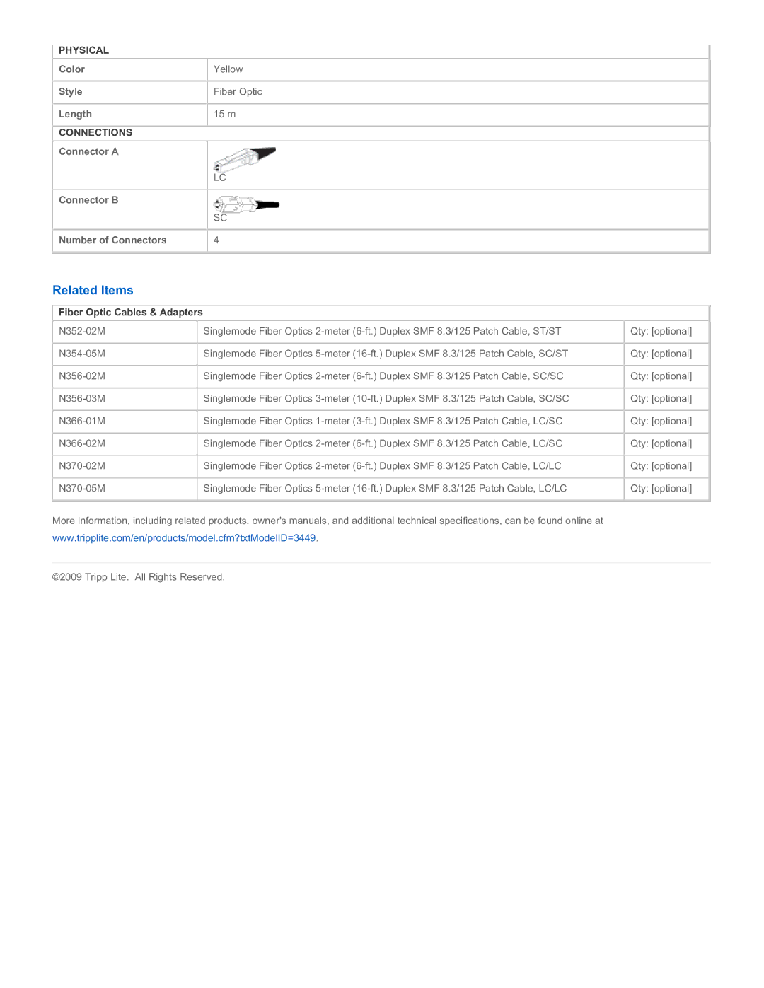Tripp Lite N366-15M specifications Related Items, Fiber Optic Cables & Adapters 