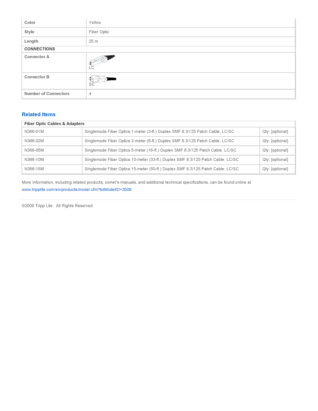 Tripp Lite N366-25M specifications Related Items, Fiber Optic Cables & Adapters 