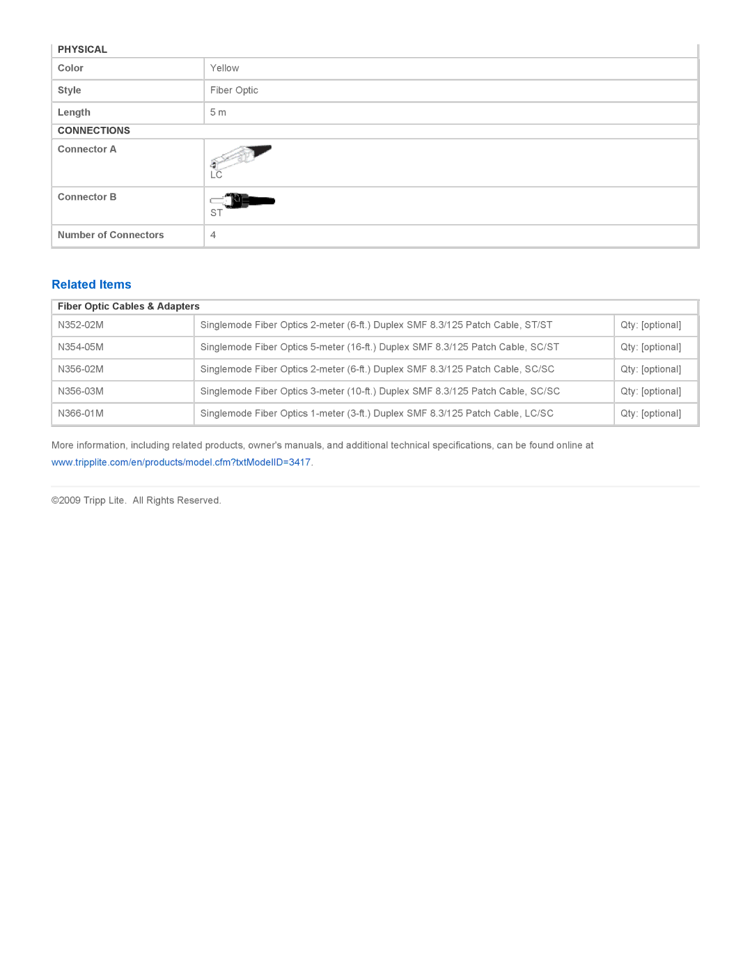 Tripp Lite N368-05M specifications Related Items, Fiber Optic Cables & Adapters 