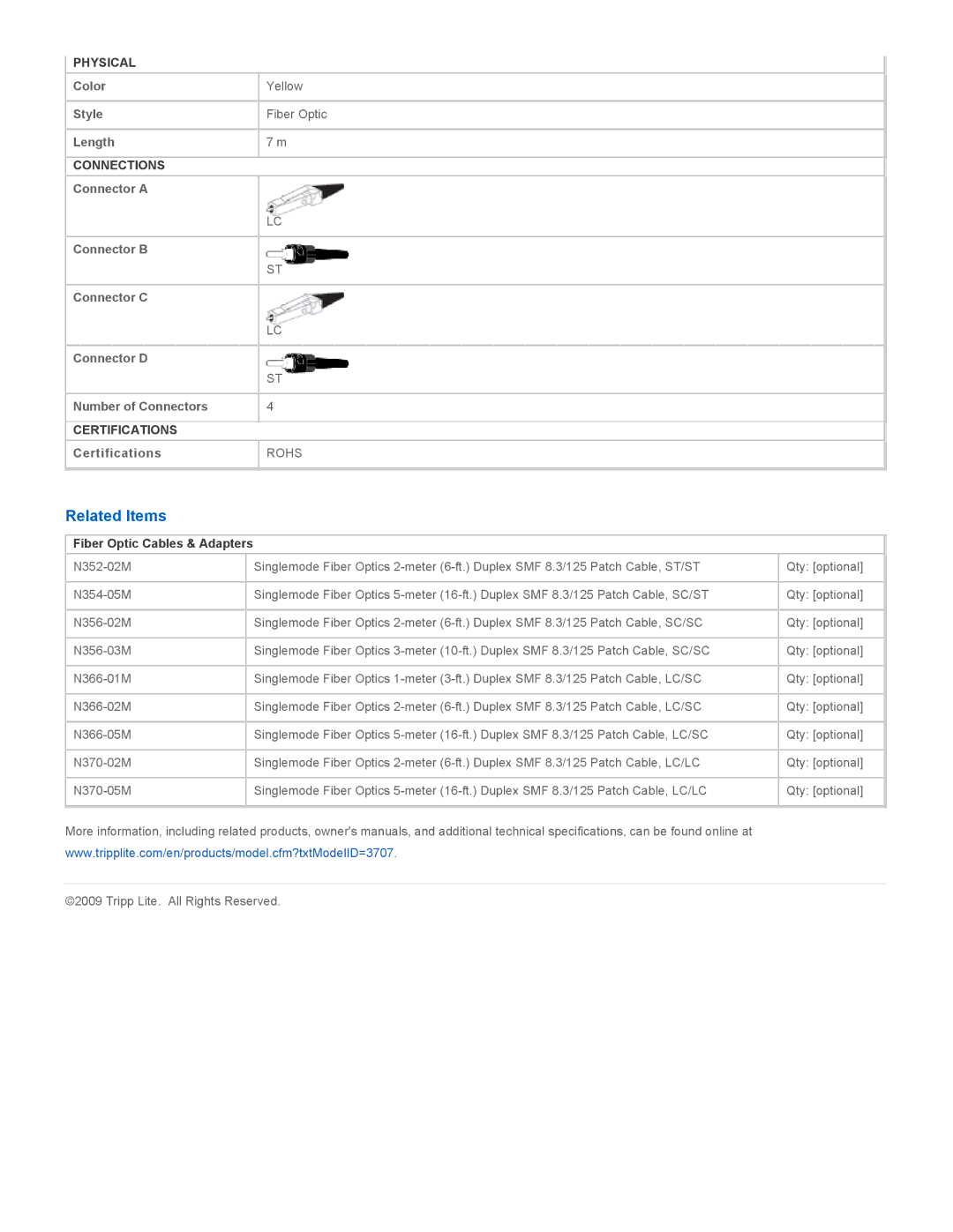 Tripp Lite N368-07M specifications Related Items, Fiber Optic Cables & Adapters 