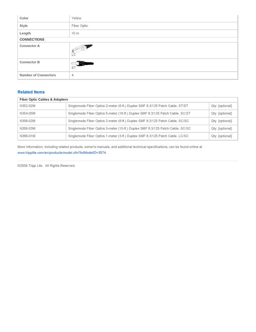 Tripp Lite N368-10M specifications Related Items, Fiber Optic Cables & Adapters 