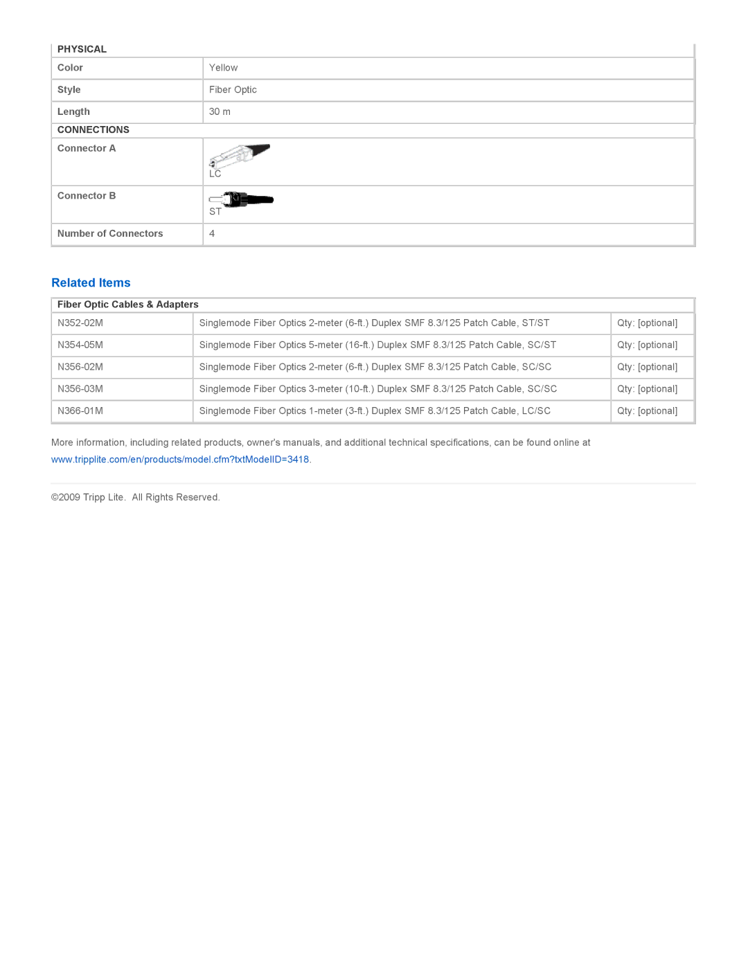 Tripp Lite N368-30M specifications Related Items, Fiber Optic Cables & Adapters 