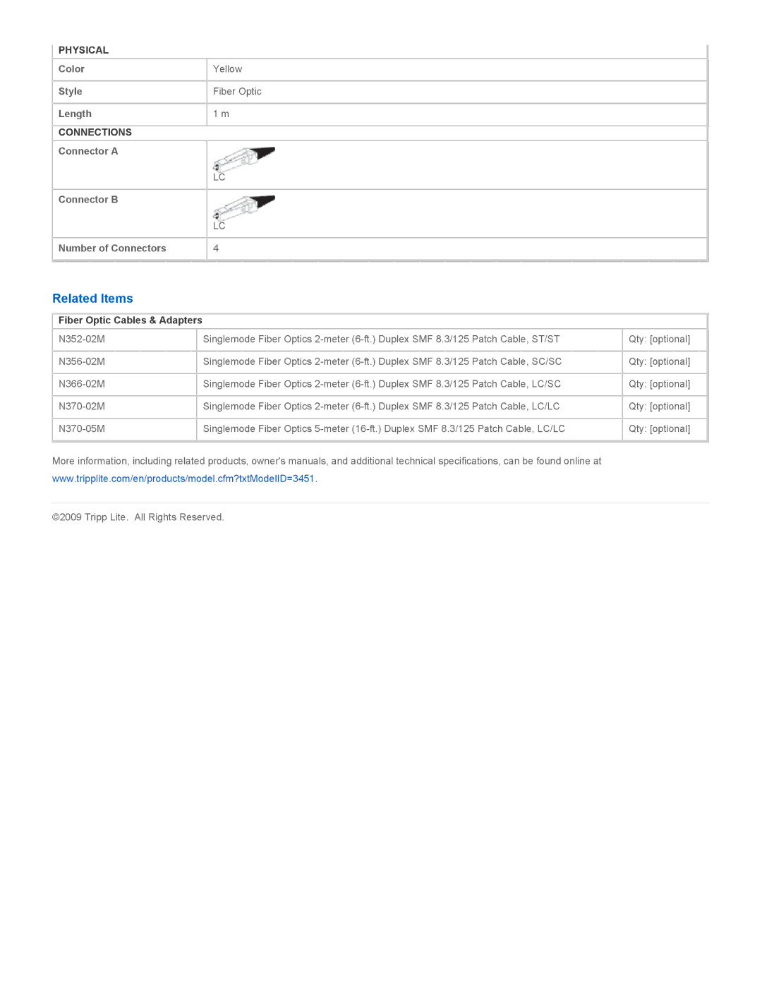 Tripp Lite N370-01M specifications Related Items, Fiber Optic Cables & Adapters 