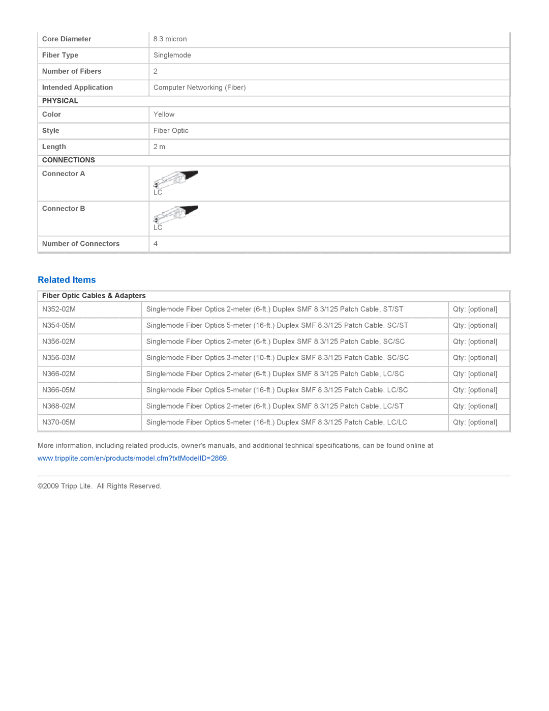 Tripp Lite N370-02M specifications Related Items, Fiber Optic Cables & Adapters 