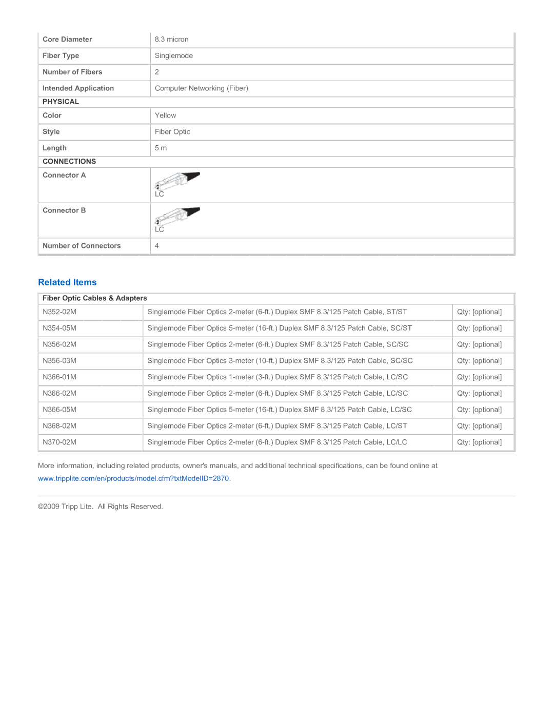 Tripp Lite N370-05M specifications Related Items, Fiber Optic Cables & Adapters 