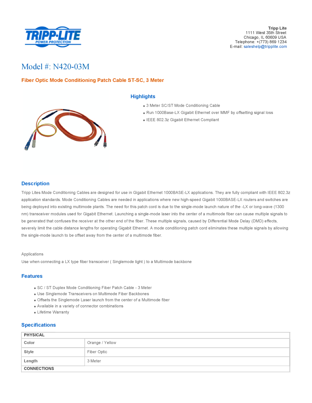 Tripp Lite specifications Model # N420-03M, Fiber Optic Mode Conditioning Patch Cable ST-SC, 3 Meter 