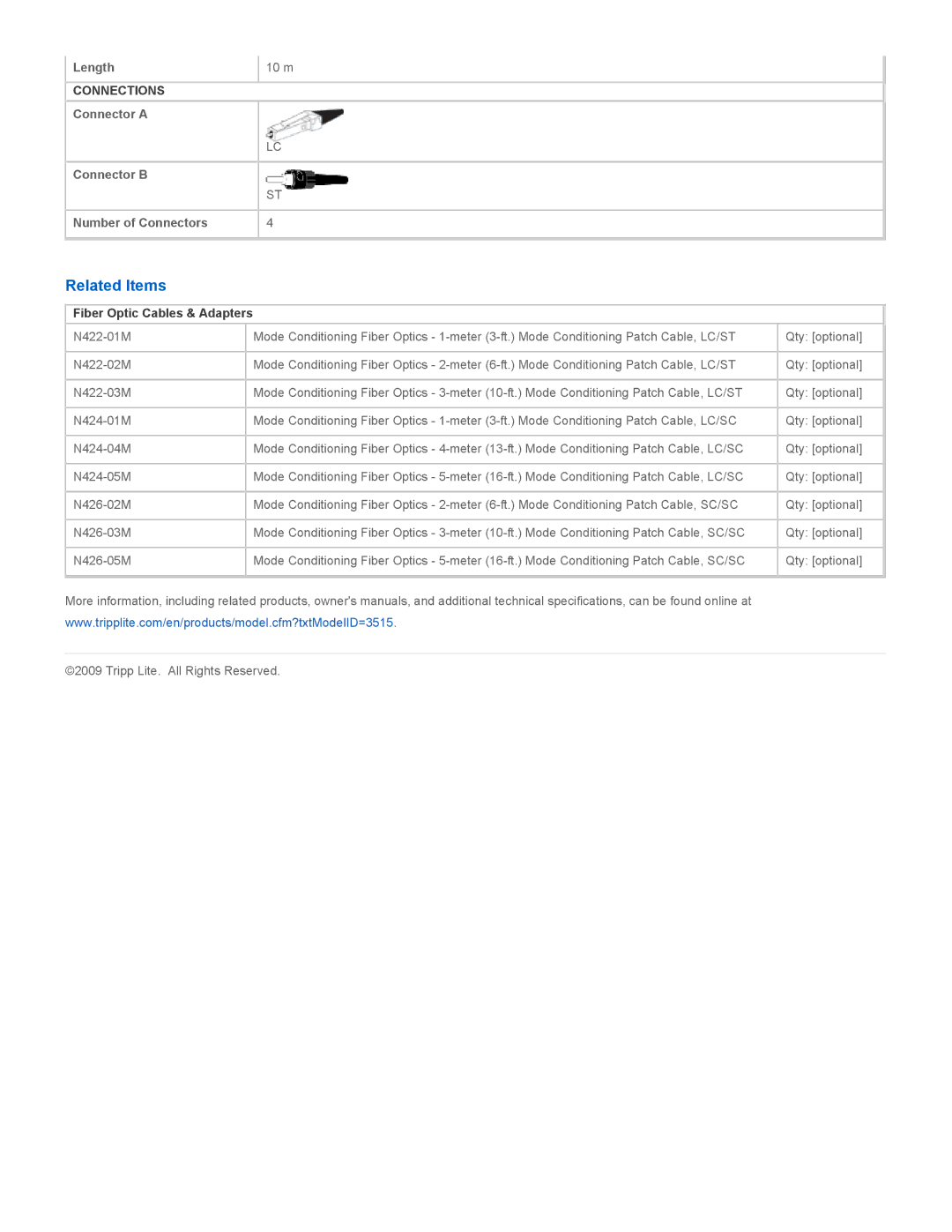 Tripp Lite N422-10M specifications Related Items, Fiber Optic Cables & Adapters 