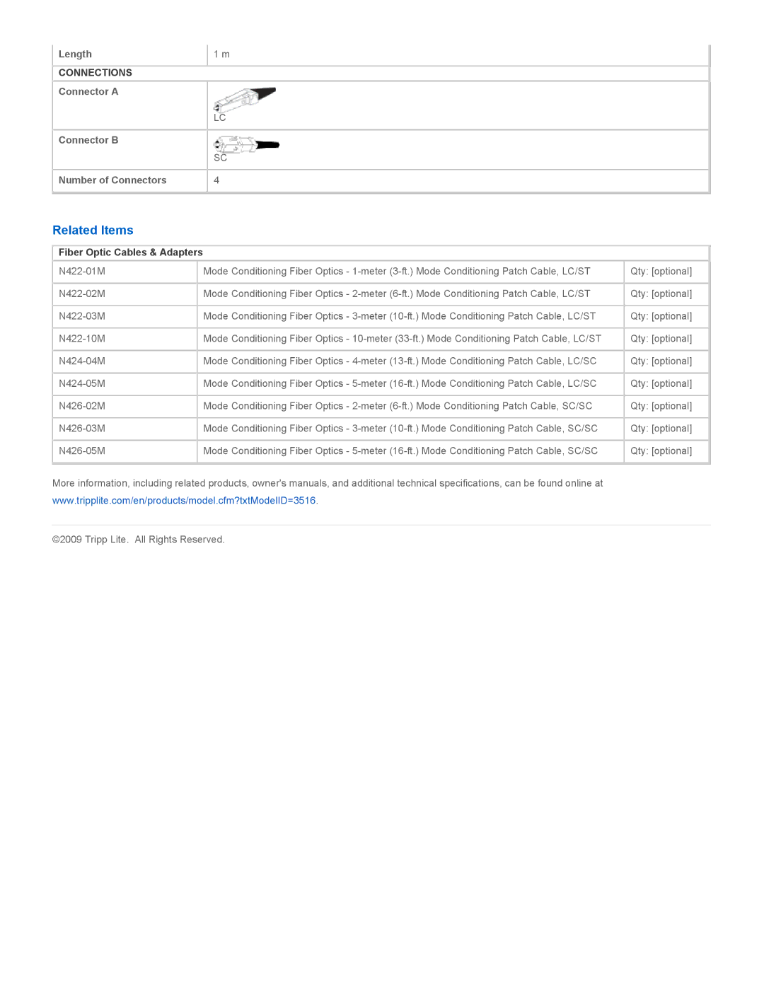 Tripp Lite N424-01M specifications Related Items, Fiber Optic Cables & Adapters 