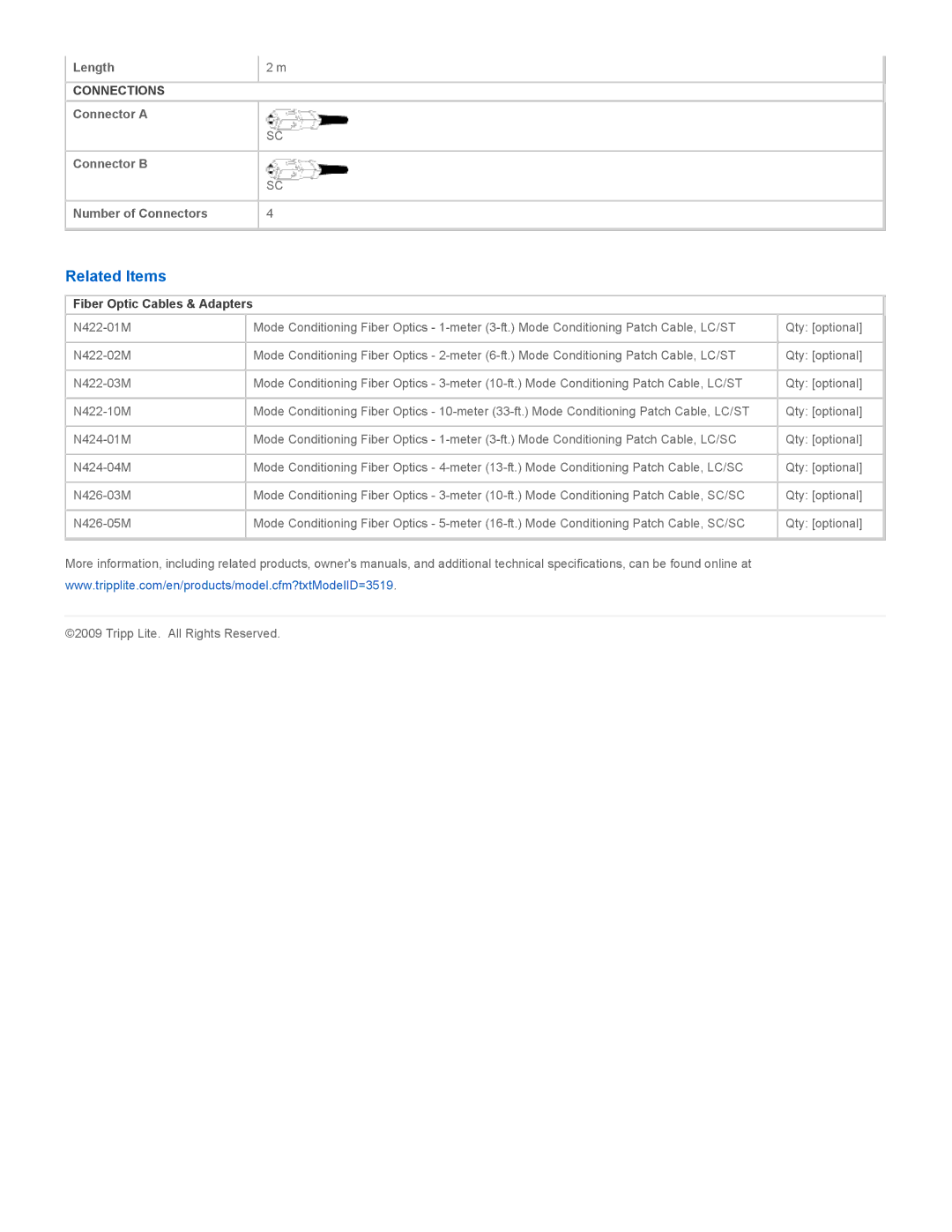 Tripp Lite N426-02M specifications Related Items, Fiber Optic Cables & Adapters 
