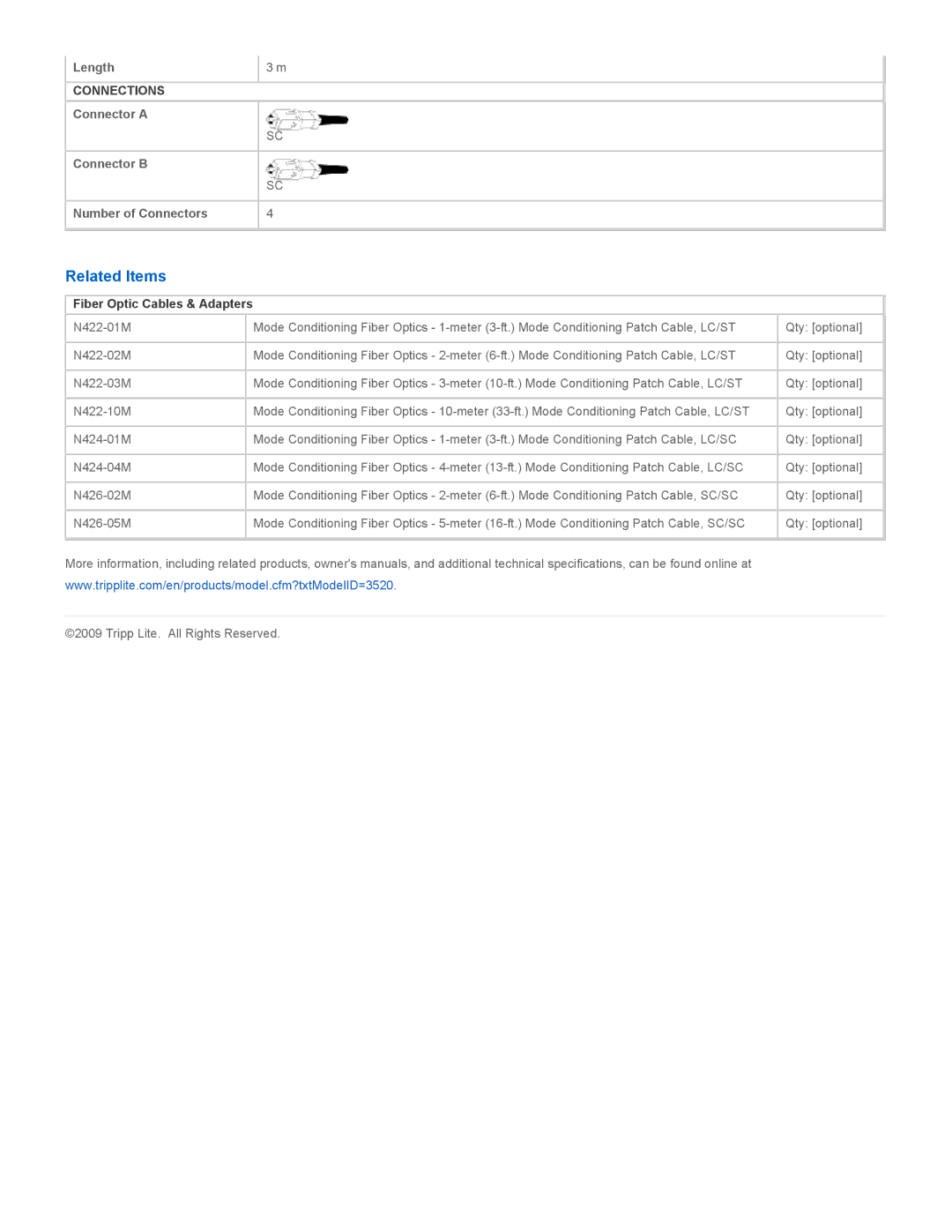 Tripp Lite N426-03M specifications Related Items, Fiber Optic Cables & Adapters 