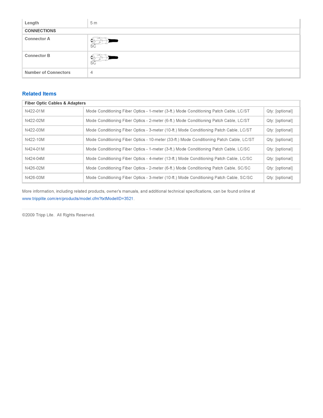 Tripp Lite N426-05M specifications Related Items, Fiber Optic Cables & Adapters 