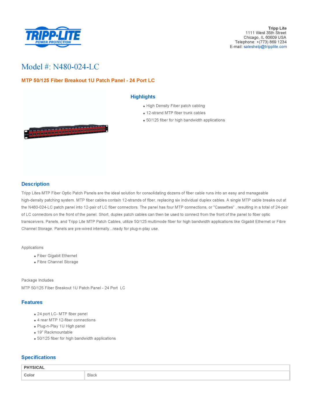 Tripp Lite specifications Model # N480-024-LC, MTP 50/125 Fiber Breakout 1U Patch Panel 24 Port LC 