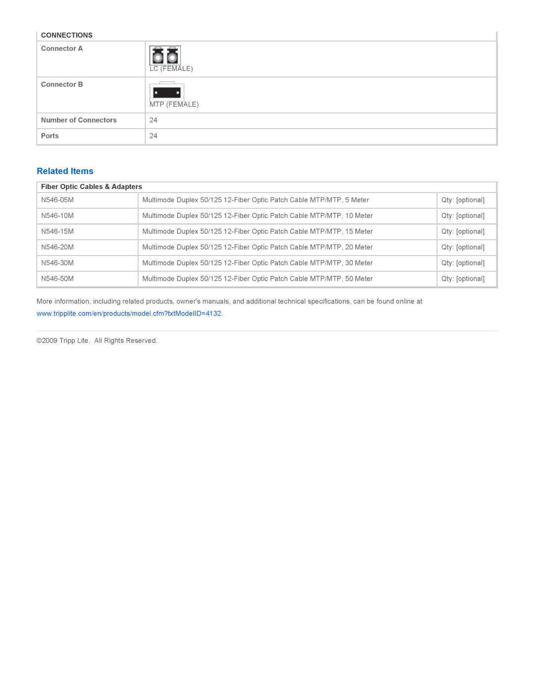 Tripp Lite N480-024-LC specifications Related Items, Fiber Optic Cables & Adapters 