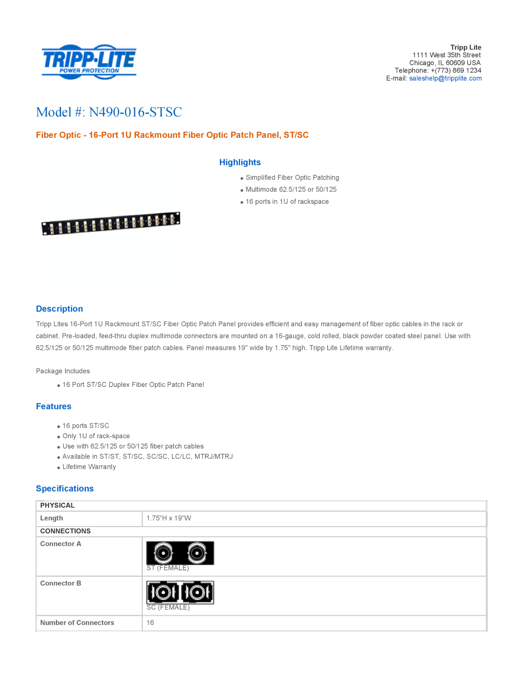 Tripp Lite specifications Model # N490-016-STSC, Highlights, Description, Features, Specifications 