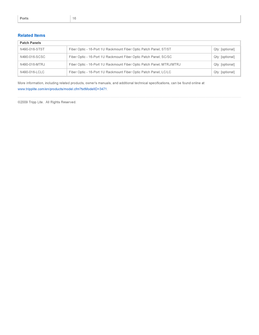 Tripp Lite N490-016-STSC specifications Related Items, Patch Panels 