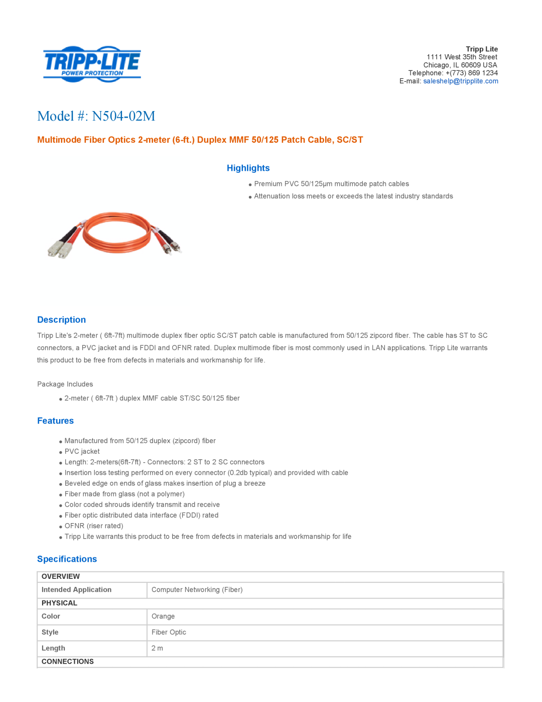 Tripp Lite N504-02M specifications Intended Application, Computer Networking Fiber, Color, Orange, Style, Fiber Optic 