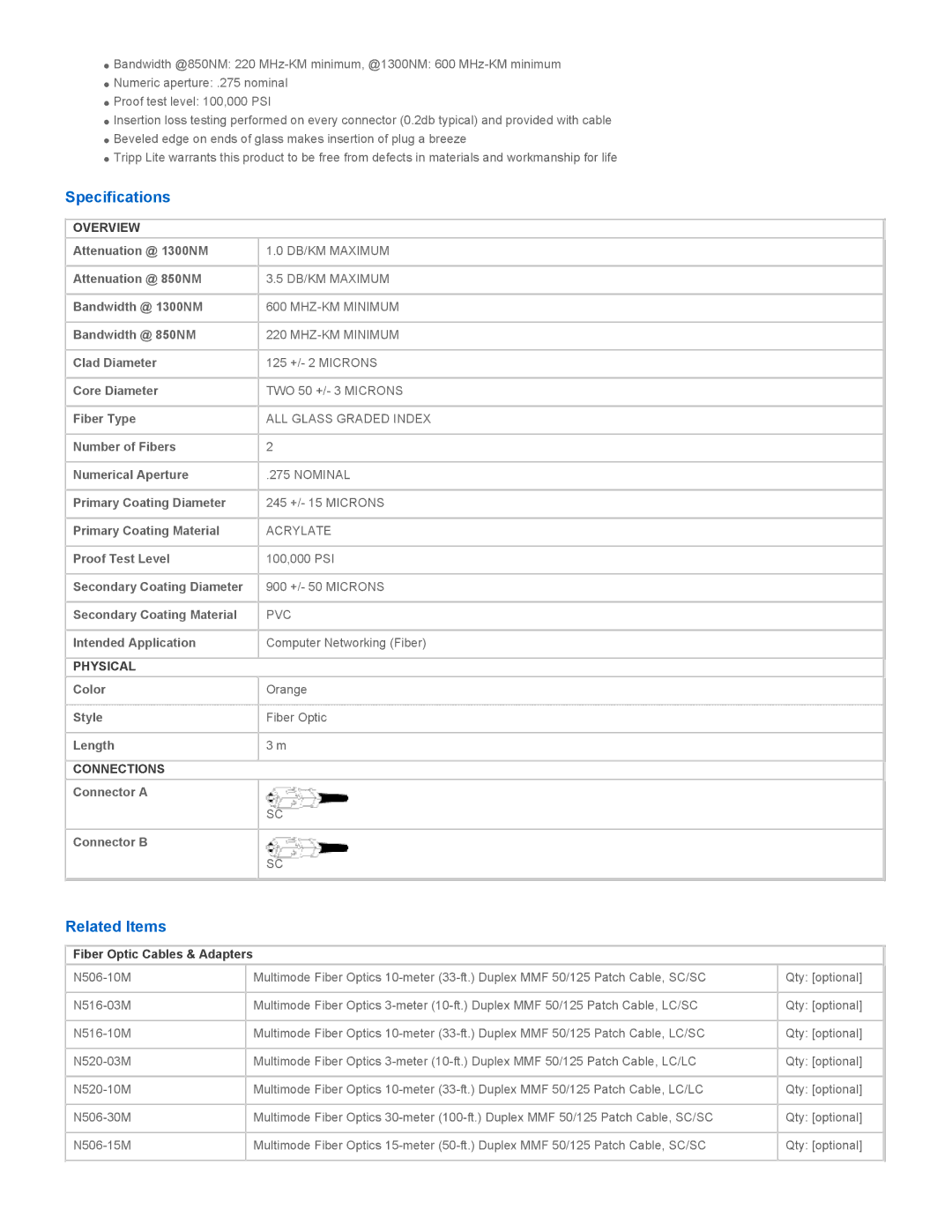 Tripp Lite N506-03M manual Specifications, Related Items, Overview, Physical, Connections 