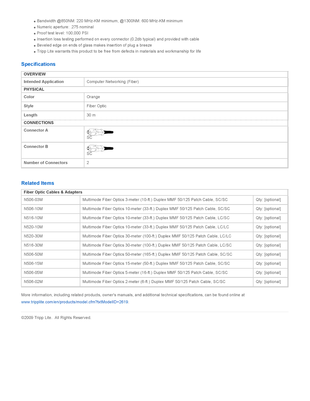 Tripp Lite N506-30M manual Specifications, Related Items, Fiber Optic Cables & Adapters 