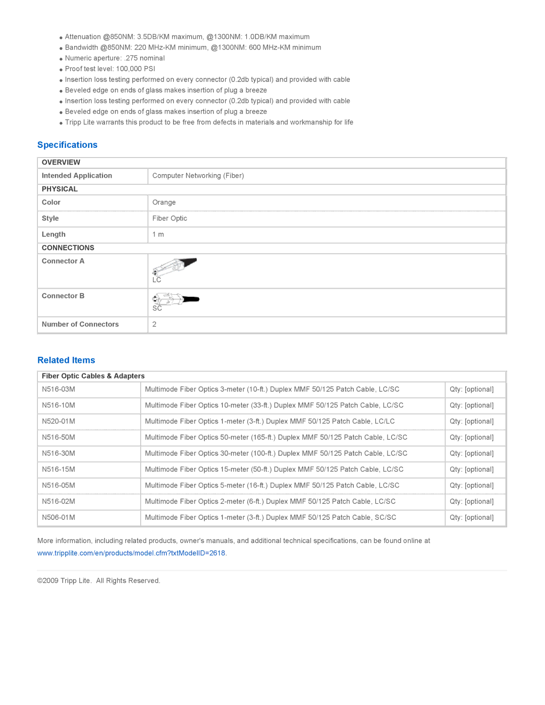 Tripp Lite N516-01M manual Specifications, Related Items, Fiber Optic Cables & Adapters 