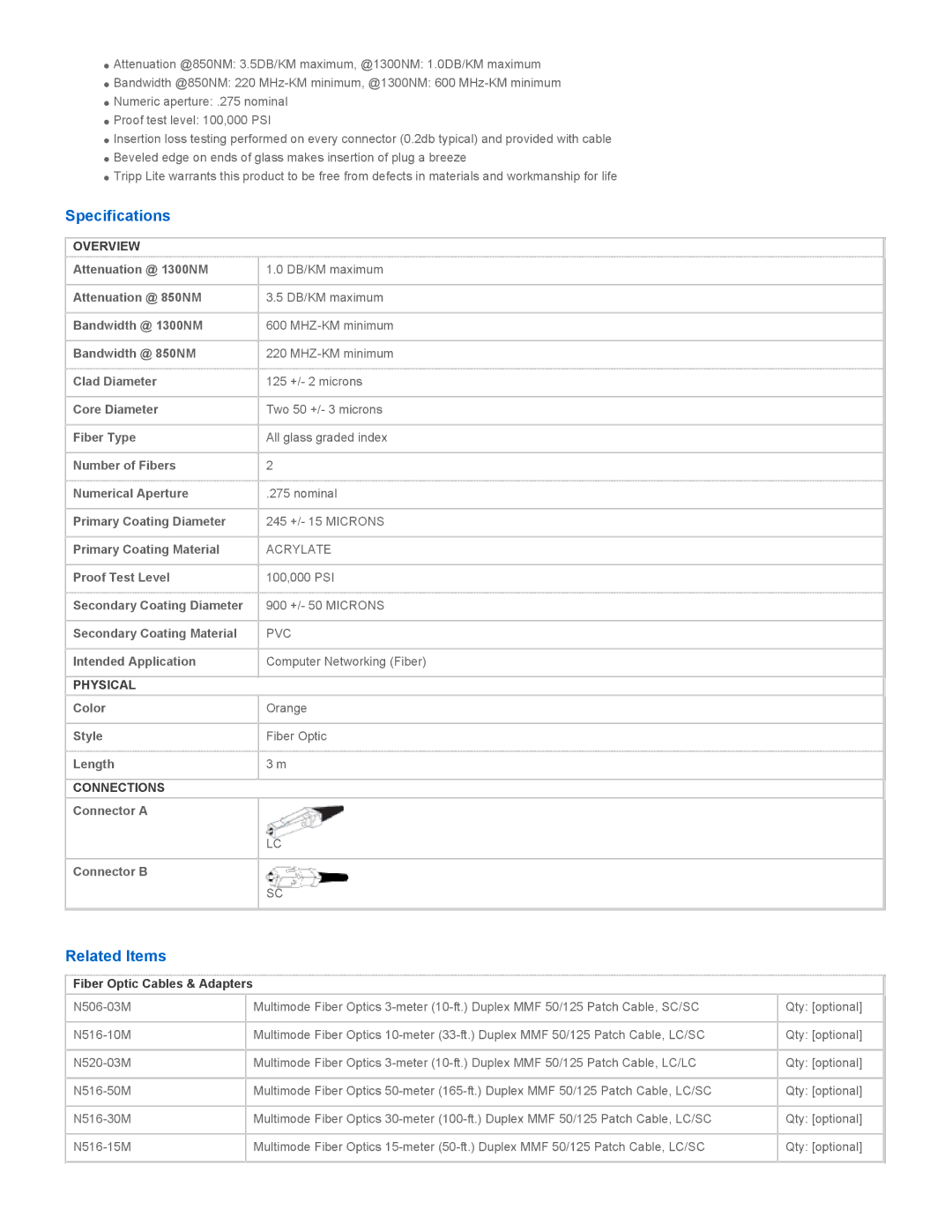 Tripp Lite N516-03M manual Specifications, Related Items, Overview, Physical, Connections 