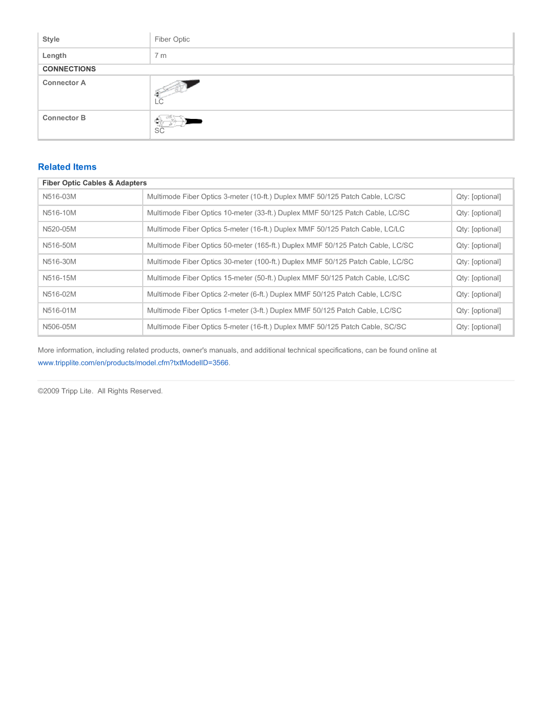 Tripp Lite N516-07M specifications Related Items, Fiber Optic Cables & Adapters 