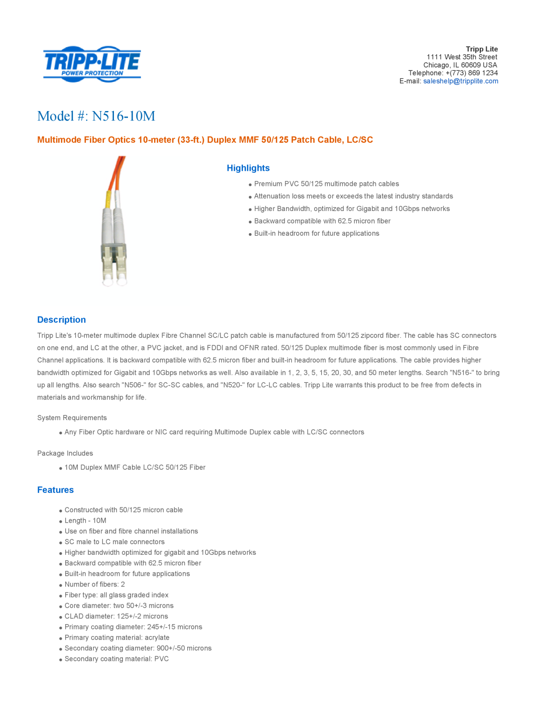 Tripp Lite manual Highlights, Description, Features, Model # N516-10M 