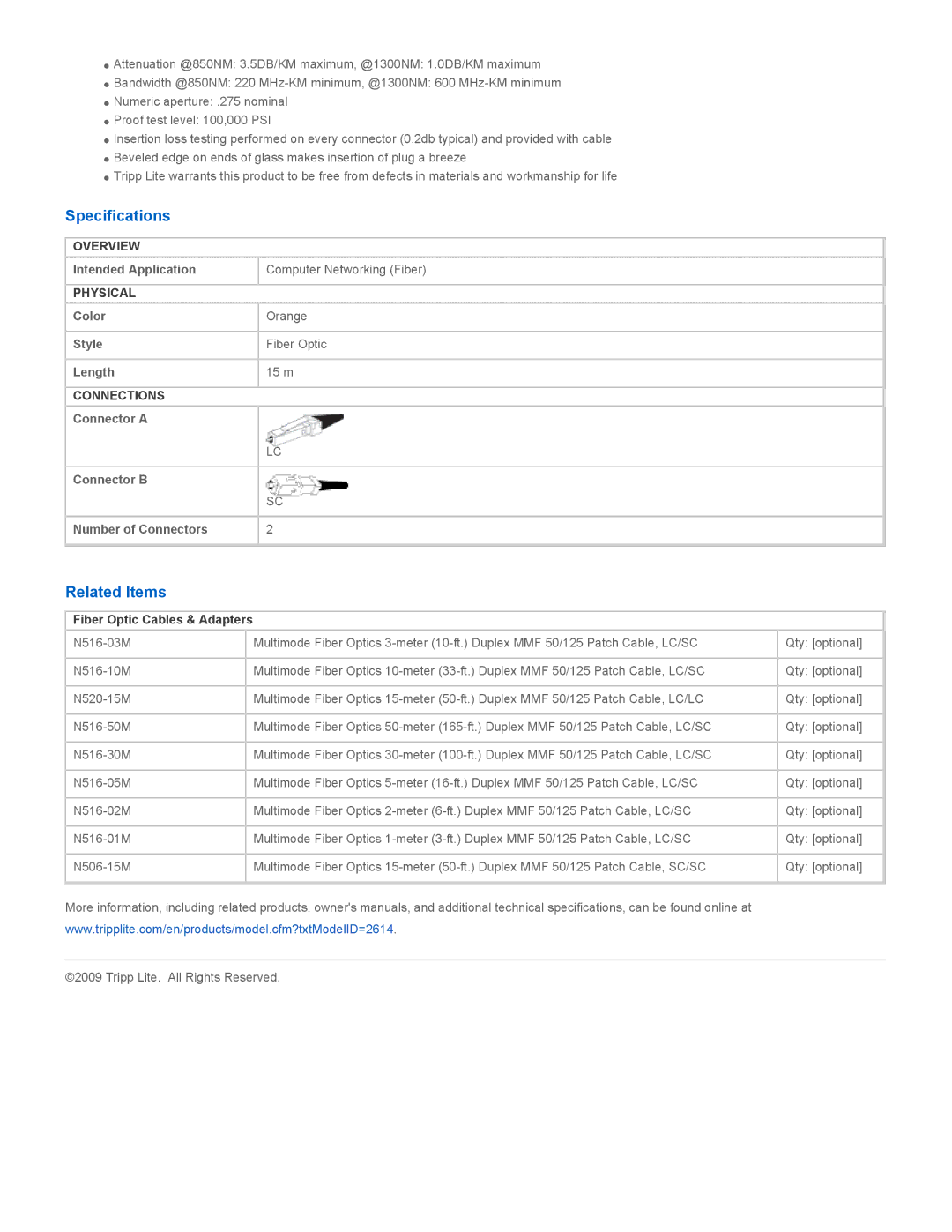 Tripp Lite N516-15M manual Specifications, Related Items, Fiber Optic Cables & Adapters 