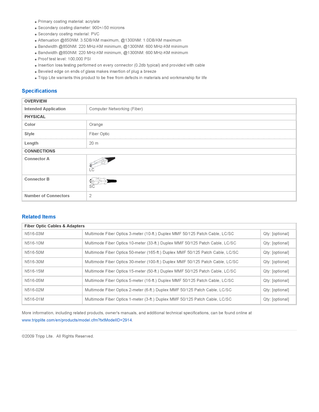 Tripp Lite N516-20M manual Specifications, Related Items, Fiber Optic Cables & Adapters 