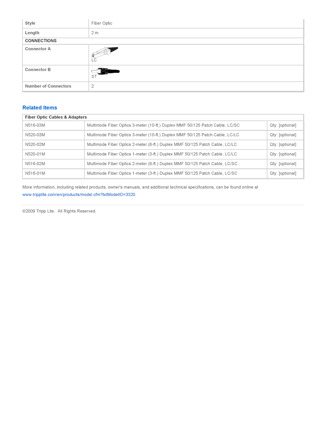 Tripp Lite N518-02M specifications Related Items, Fiber Optic Cables & Adapters 