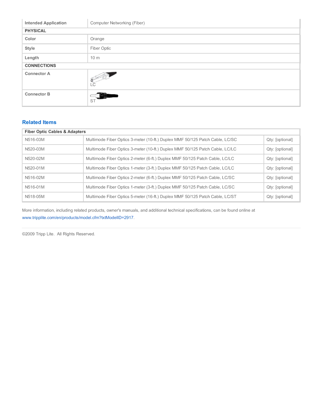 Tripp Lite N518-10M specifications Related Items, Fiber Optic Cables & Adapters 