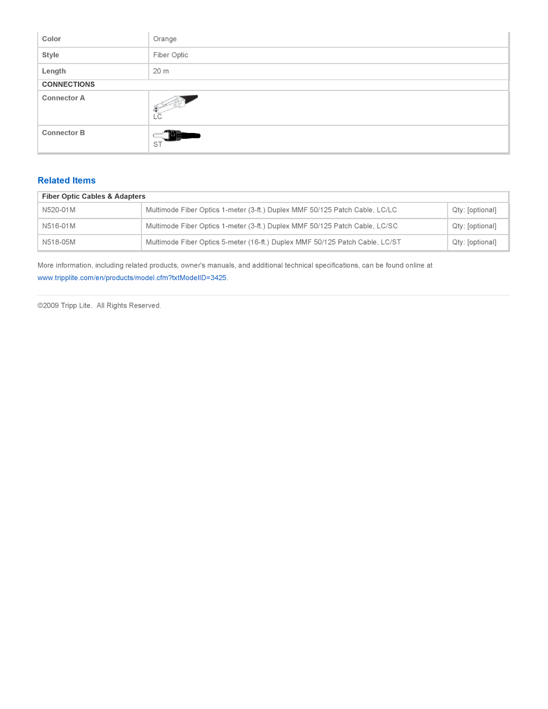 Tripp Lite N518-20M specifications Related Items, Fiber Optic Cables & Adapters 