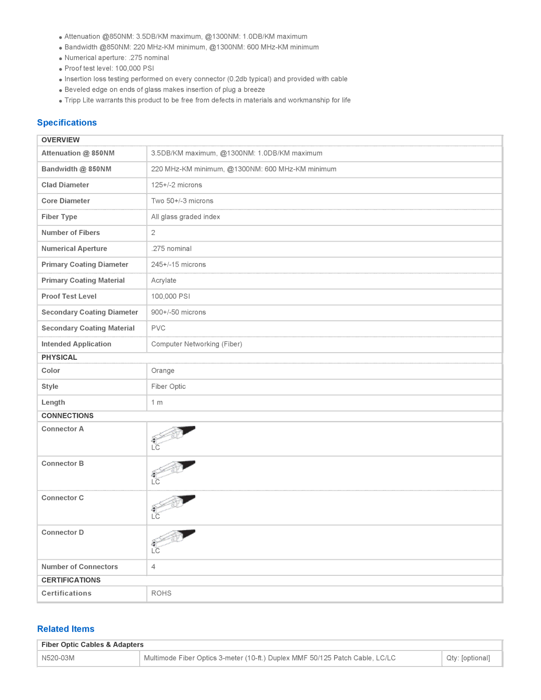 Tripp Lite N520-01M manual Specifications, Related Items 