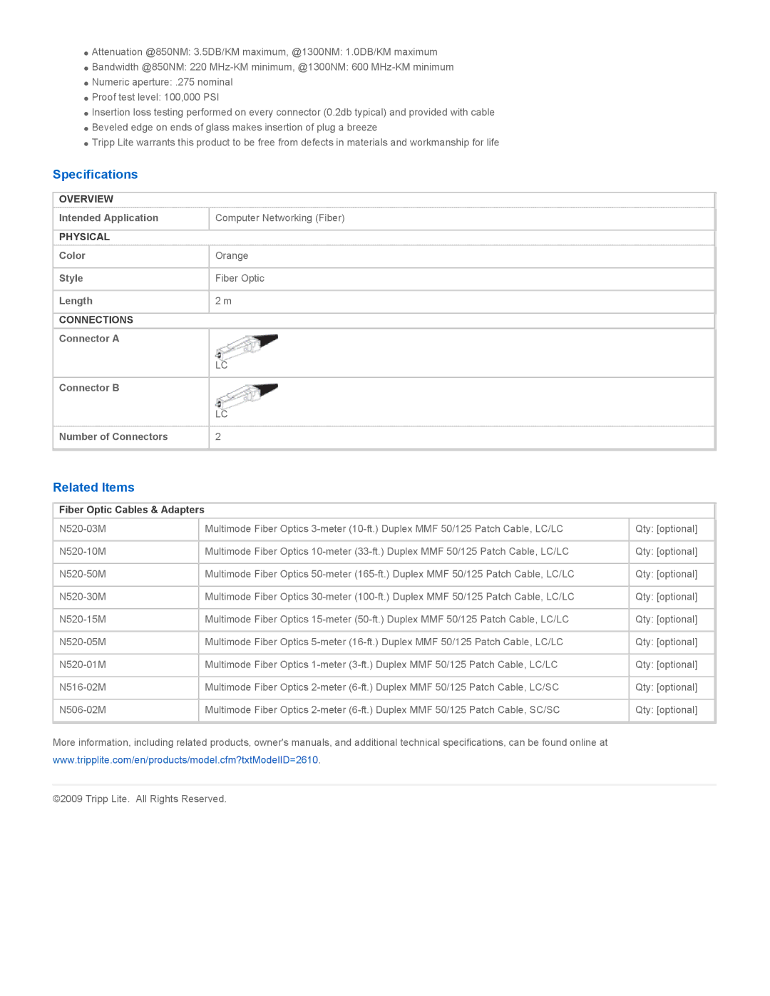 Tripp Lite N520-02M manual Specifications, Related Items, Fiber Optic Cables & Adapters 