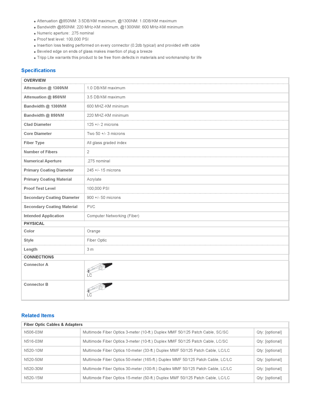 Tripp Lite N520-03M manual Specifications, Related Items, Overview, Physical, Connections 