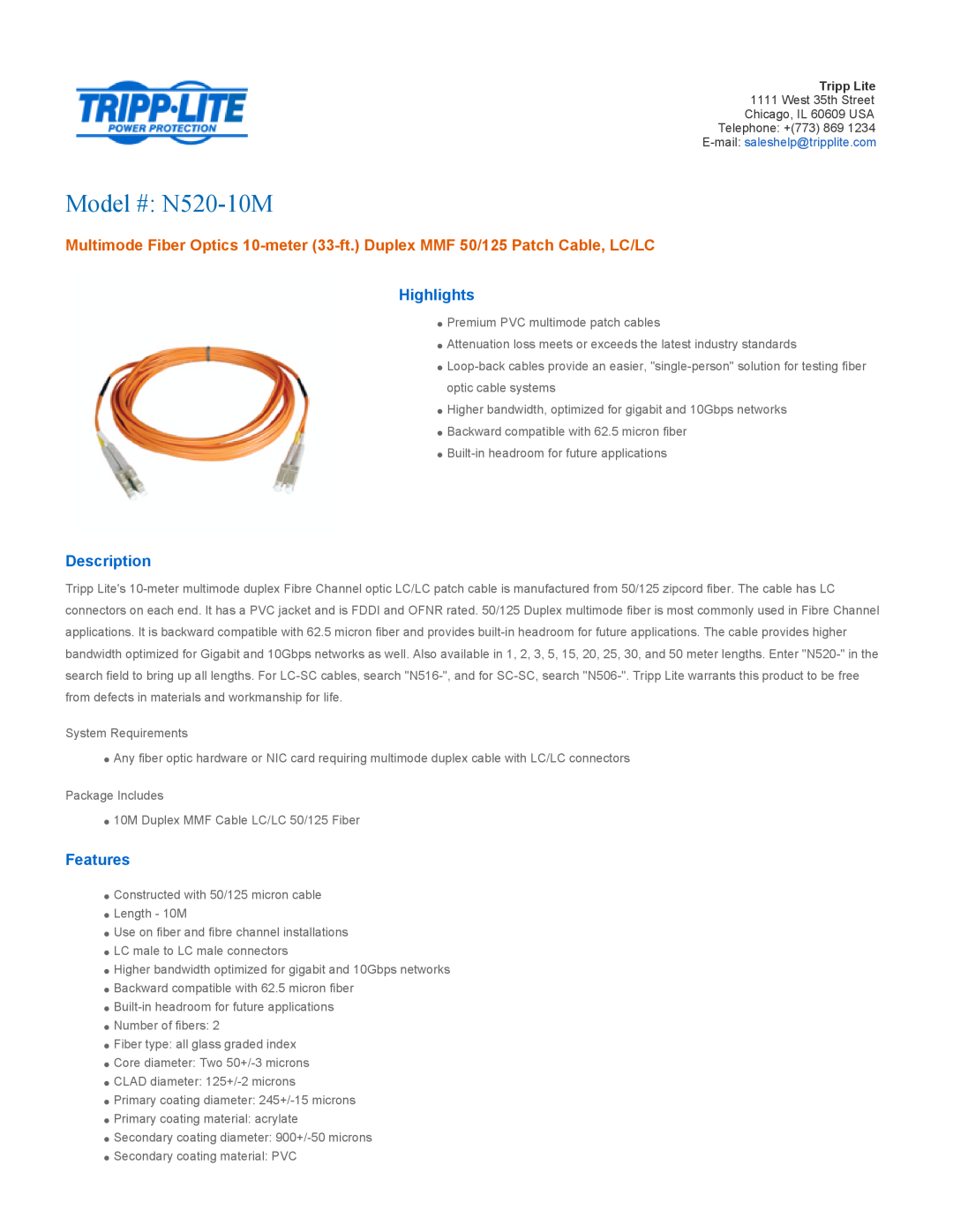 Tripp Lite manual Highlights, Description, Features, Model # N520-10M 